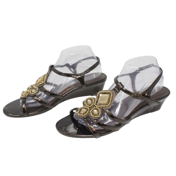 Madeline Stuart 10M Rhinestone Beaded Embellishment Black Strappy Wedge Sandals - Picture 4 of 14